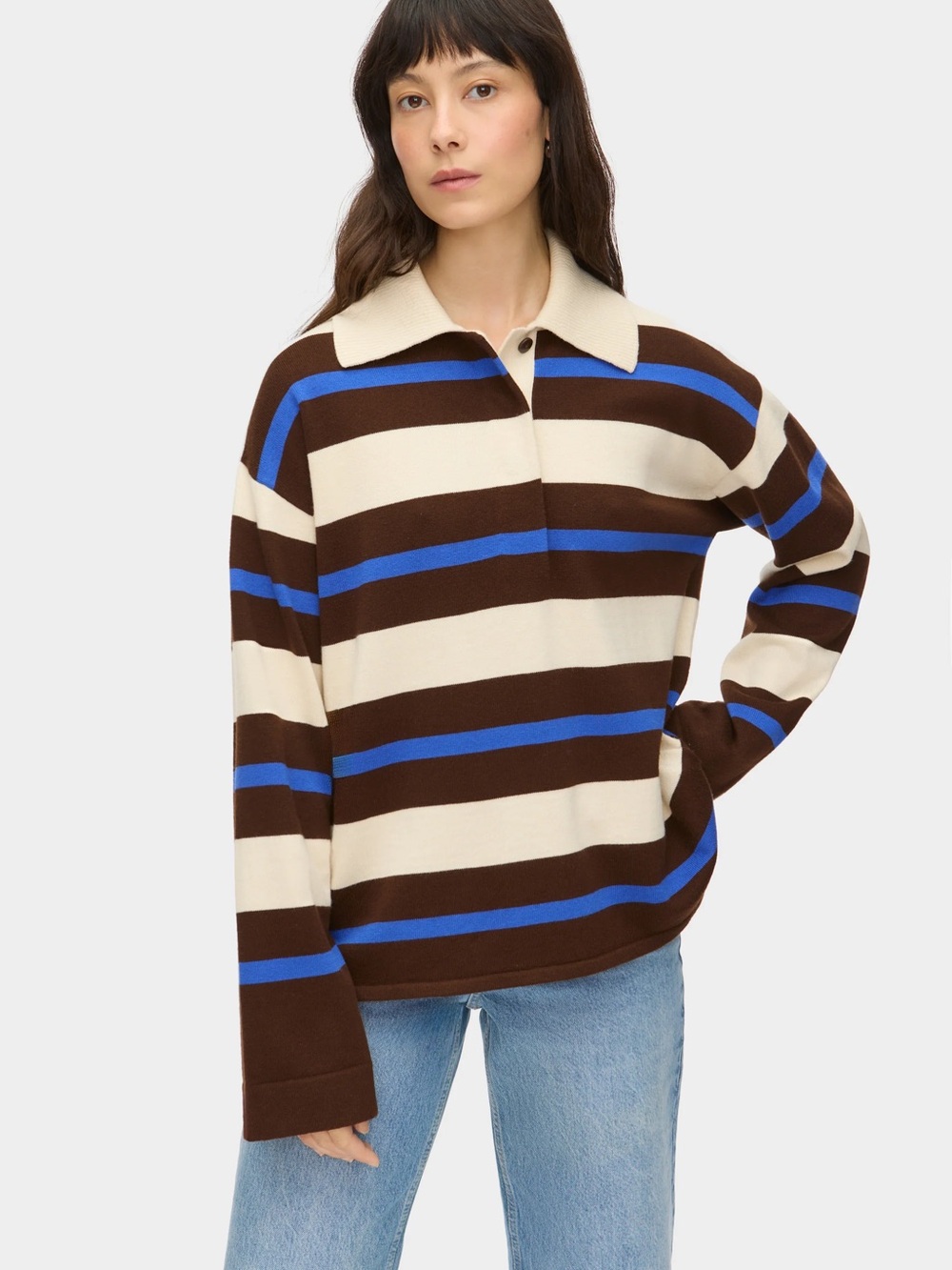 Aligne Ester Striped Polo Sweater Top - Brown/Cream/Blue-Small